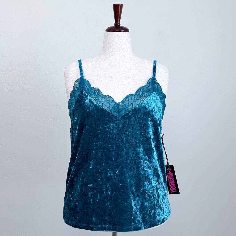 Rock & Roll Denim XL Blue Teal Sexy V-Neck Lace Trim Crushed Velvet Camisole NWT